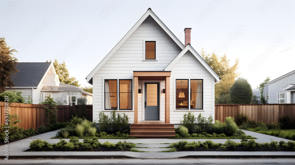 a small single family house with tiny modern touches white background. Generative AI