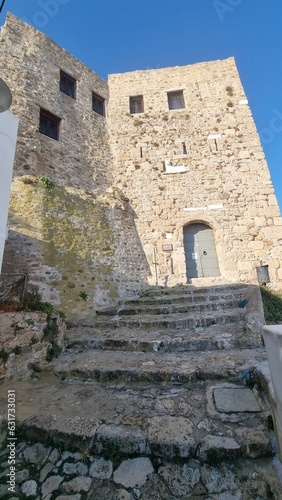 skiros or skyros island church on the tiop of the hill of chora in the castle greece photo