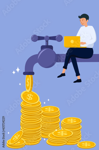 passive income concept, happy man sitting on the faucet with a lot of money falling
