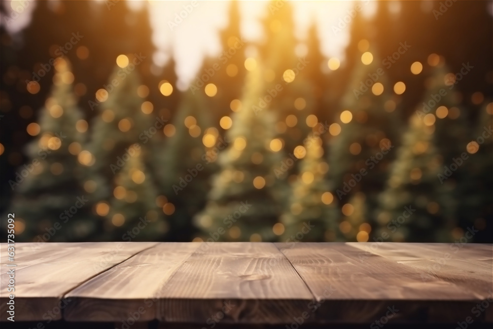 Christmas and New year background with empty dark wooden deck table over christmas tree and blurred light bokeh. Empty display for product montage. Rustic vintage Xmas background.