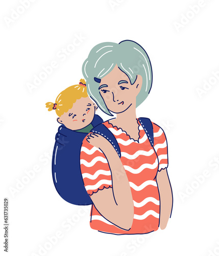 Family portrait with mother and toddler in baby sling. Parenthood concept. Cartoon flat illustration isolated on white backgroud