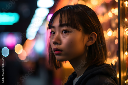 A teenage Asian girl looking contemplative as she walks along a bustling street, her face intermittently lit by the flickering neon signs. Generative AI
