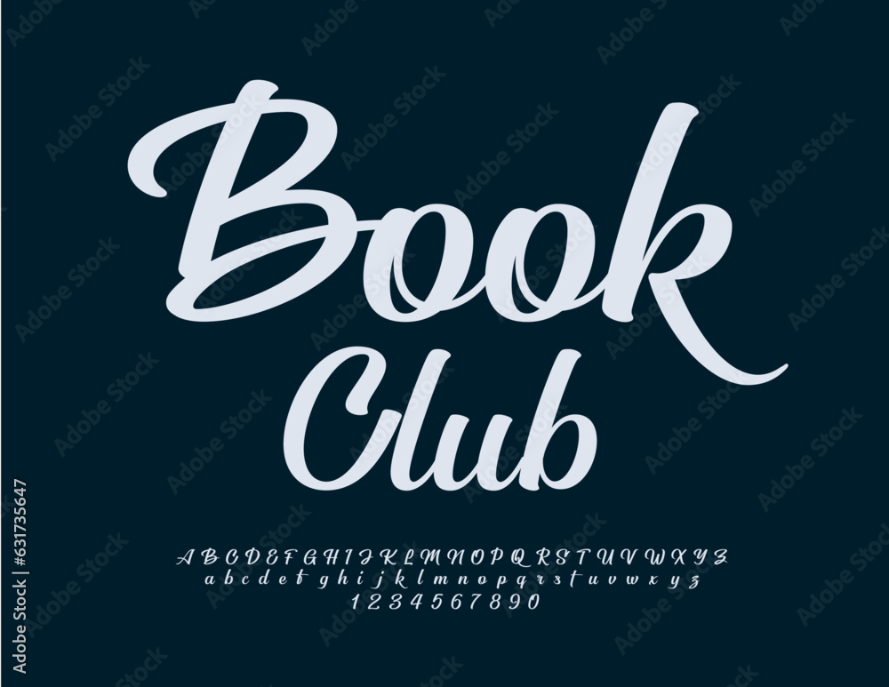 Vector artistic icon Book Club. Stylish calligraphic Font. Bright Alphabet Letters, Numbers and Symbols