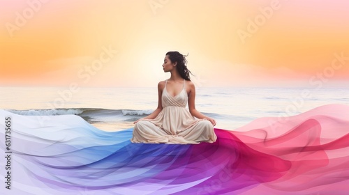 Illustration of human meditate, yoga. Psychic human considers mind and heart. Spirituality, esotericism, with bokeh defocused lights. universe, Psychic waves concept, Generative AI illustration