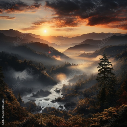 A beautiful forest in the mountains enveloped in fog. High quality illustration