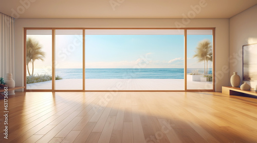 Empty apartment room with wooden floor of beach house. Sea view from windows. Copy space. Generative AI