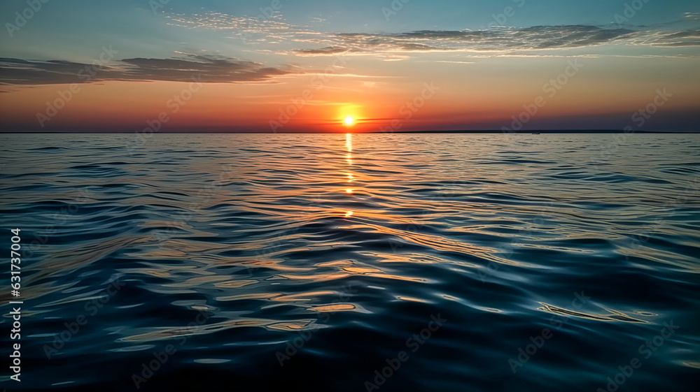 Calm. Smooth surface of the sea. Sunset over the calm sea. Generative AI technology.