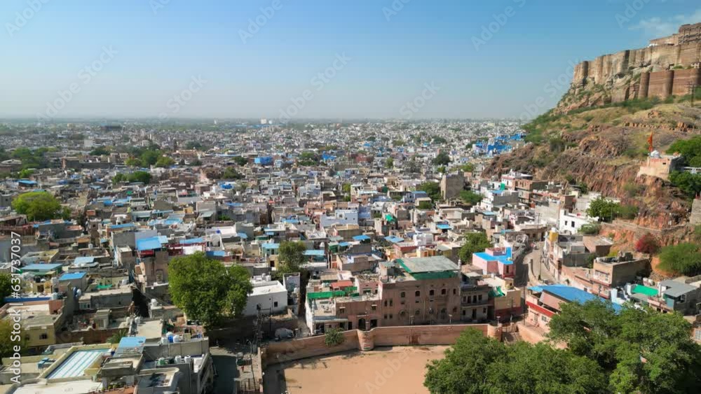 Jodhpur, India: Aerial view of city in Rajasthan, iconic landmark Mehrangarh Fort - landscape panorama of South Asia from above Jodhpur, India: Aerial view of city in Rajasthan, iconic landmark Mehrangarh Fort - landscape panorama of South Asia from above