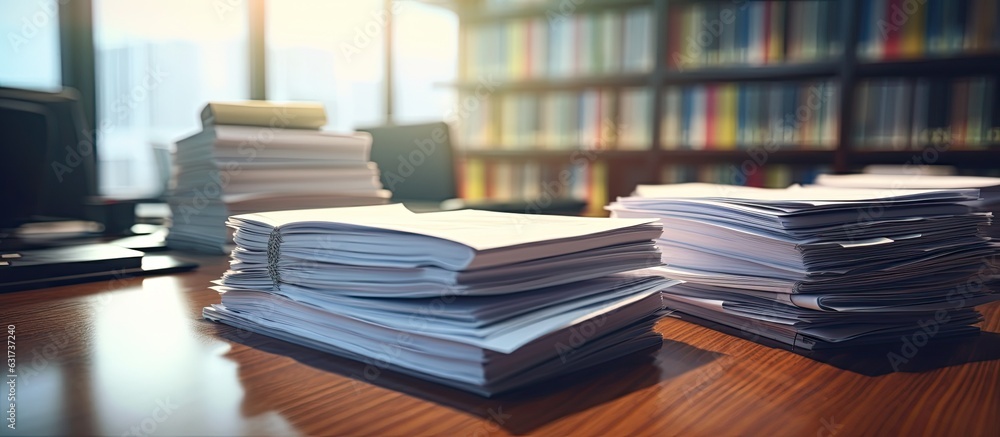 A collection of report papers for business purposes, such as annual reports and files for business and financial concepts, is placed on a desk. A collection of report papers for business purposes, such as annual reports and files for business and financial concepts, is placed on a desk.