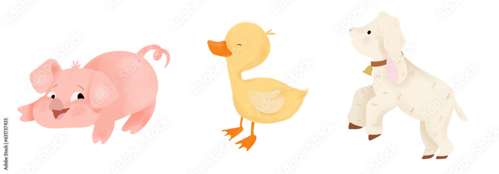 Obraz premium Cute little baby animals set, Vector, Watercolor. Piggy, ducking and lamb. Printable colorful postcard, invitation, poster, sticker, baby shower elements