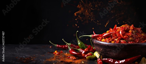Spicy condiment made with a mixture of fresh hot peppers, dry chili flakes, and spicy oil, displayed on a dark background with copy space.