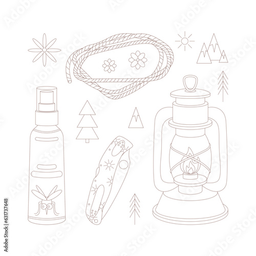 Camping and hiking set, drawn elements — oil lamp, rope, mosquito spray.