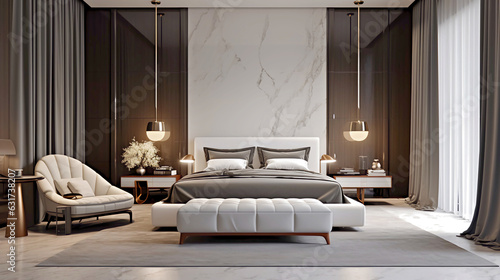 A sophisticated and opulent bedroom with minimalist design, adorned with luxurious elements, captured from a low angle, emphasizing grandeur and elegance. 