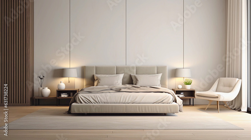 An inviting, sophisticated, and minimalist bedroom with luxurious elements, tastefully arranged to create a calming and serene ambiance.
