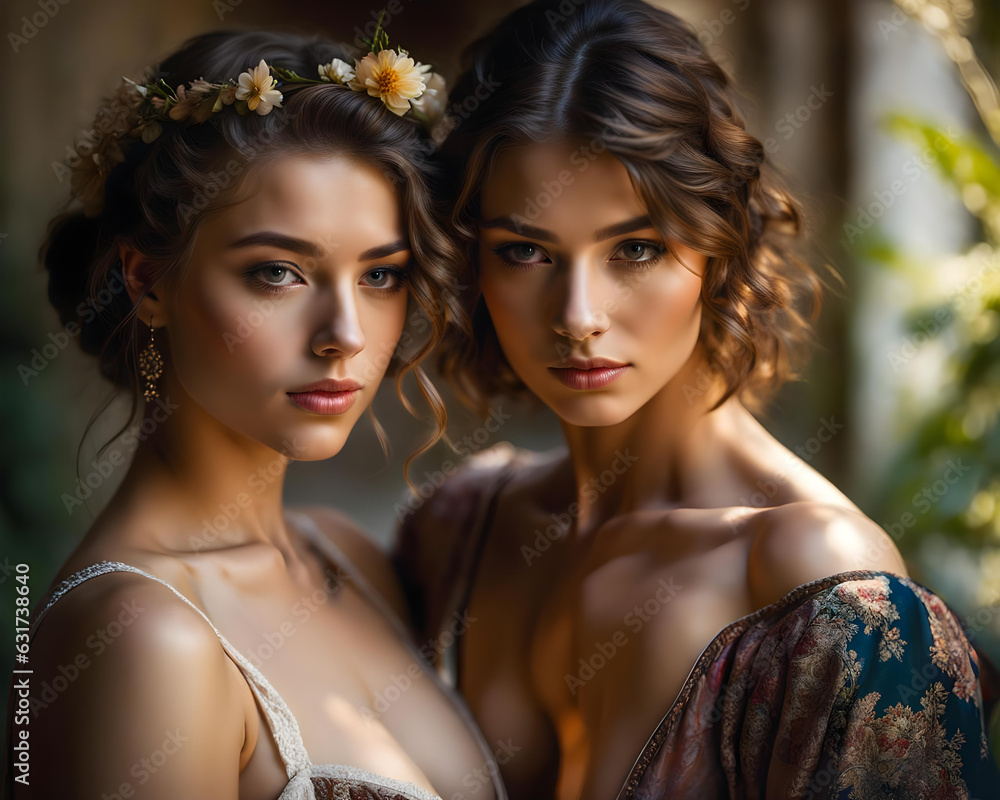 two women in love cuddle in the garden of a villa in the morning light - generative ai two women in love cuddle in the garden of a villa in the morning light - generative ai