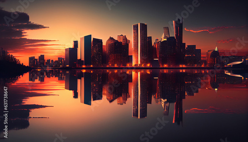 Cityscape skyline modern city at sunset with reflection over river  sunset over the city  Ai generated image 