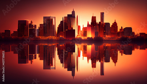 Cityscape skyline modern city at sunset with reflection over river  sunset over the city  Ai generated image 