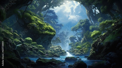 Landscape in the morning. AI generated art illustration.