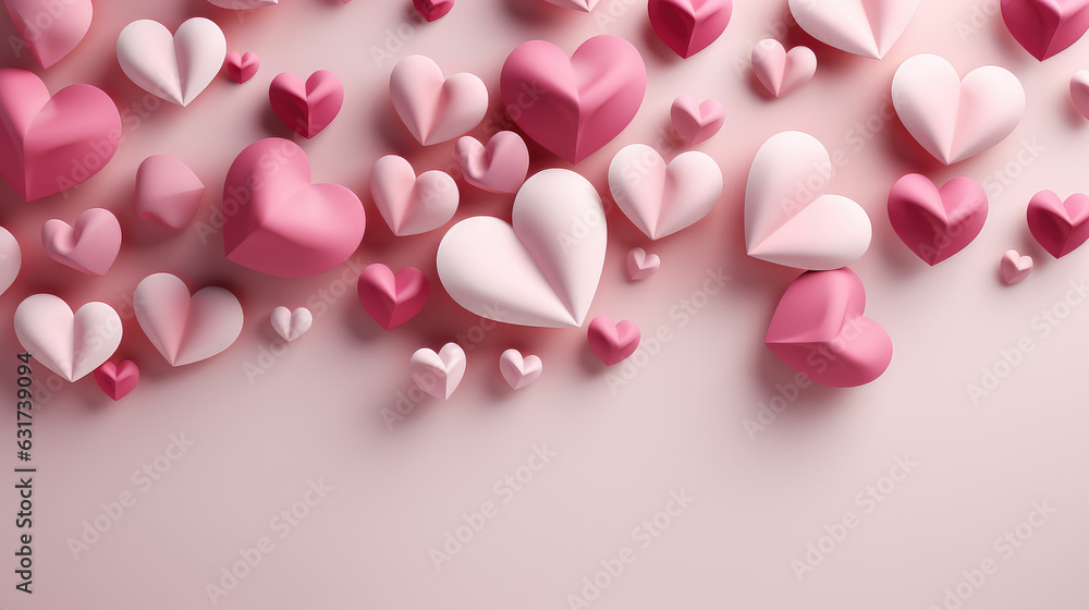 Pink paper hearts on pink background. 3d render. Valentines day concept. created by generative AI technology.