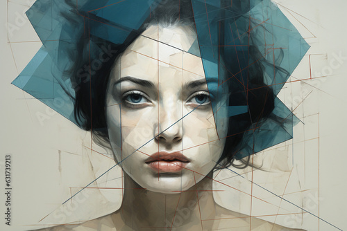 A single young woman transposed with geometric colored patterns, bold portrait with depth and emotion