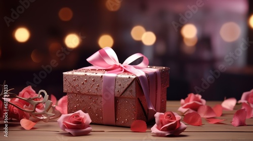 Valentines day background with roses and gift box on wooden table created by generative AI technology.