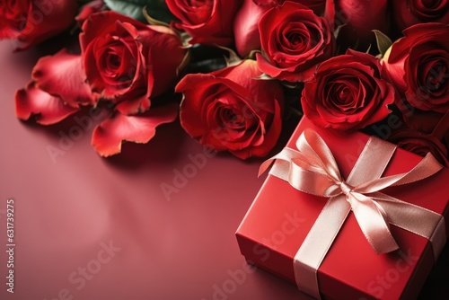 Red roses and gift box on red background  valentines day concept created by generative AI technology.