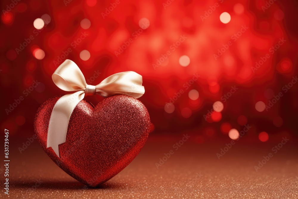 Red heart with white bow on red bokeh background. Valentines day card created by generative AI technology. Red heart with white bow on red bokeh background. Valentines day card created by generative AI technology.