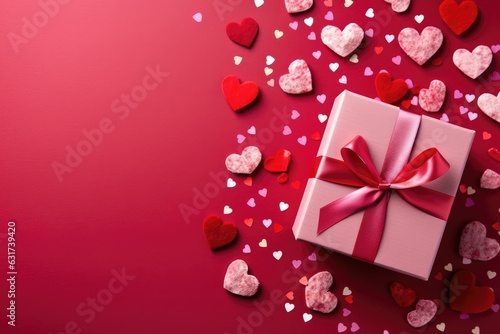 Gift box with red ribbon and hearts on a red background. created by generative AI technology.