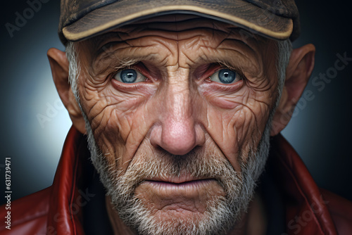 Captivating portrait of all person looking straight in to the camera. Face skin is wrinkled but eyes clear and alive.