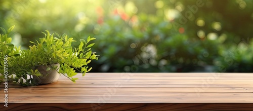 A wooden table with no objects on it and a blurred outdoor garden background. The wooden table provides space for text and can be used for marketing promotions. This blank wood table serves as a