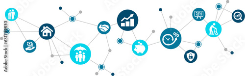 Retirement plan / pension scheme vector illustration. Blue concept with icons related to pension savings, planning & investment to retire early, financial security, work & pensions. 