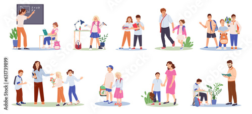 Set of cute children with backpack going back to school with parents. Collection of funny pupils studying, learning, communicating with teacher during lesson Flat vector illustration isolated on white © Катерина Фирсова
