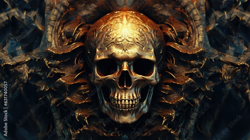 Metal bronze carving of a skeleton skull with a gold color shimmer, meticulously detailed rustic bone texture, ancient ruin wall background wallpaper or album cover art - generative AI Metal bronze carving of a skeleton skull with a gold color shimmer, meticulously detailed rustic bone texture, ancient ruin wall background wallpaper or album cover art - generative AI