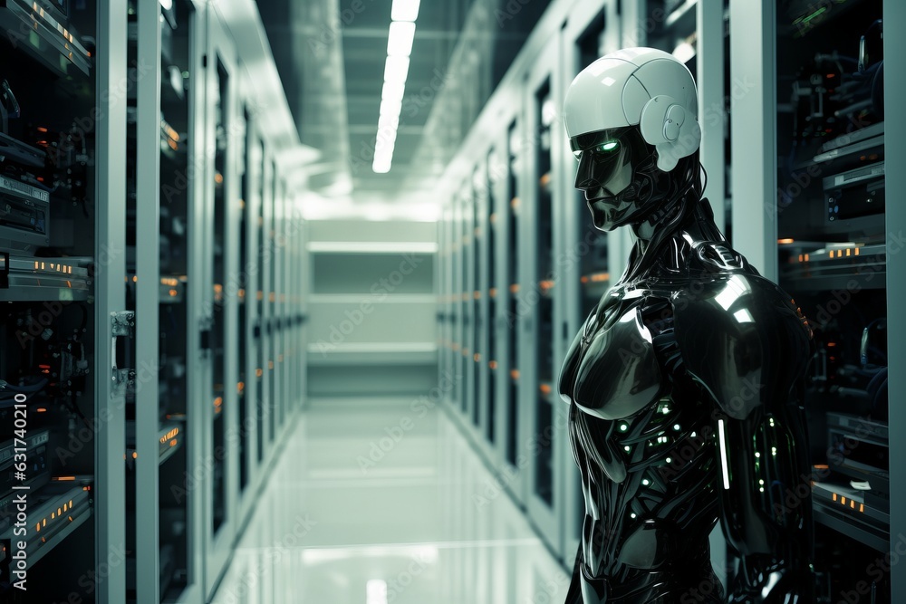 A dark server room with tall industrial looking storage with neon lights. A close-up on robotic humanoid android machine standing in the blue cyber hallway. A dark server room with tall industrial looking storage with neon lights. A close-up on robotic humanoid android machine standing in the blue cyber hallway.