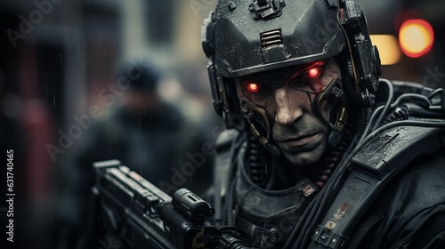 A close-up of a robotic humanoid perfect soldier with red eye looking into the camera. Super detailed equipment.