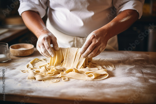 Unrecognizable cook making pasta, Horizontal indoors crop shot of cook working with knead and making noodles in cafe, Making pasta, Making pasta in restaurant,