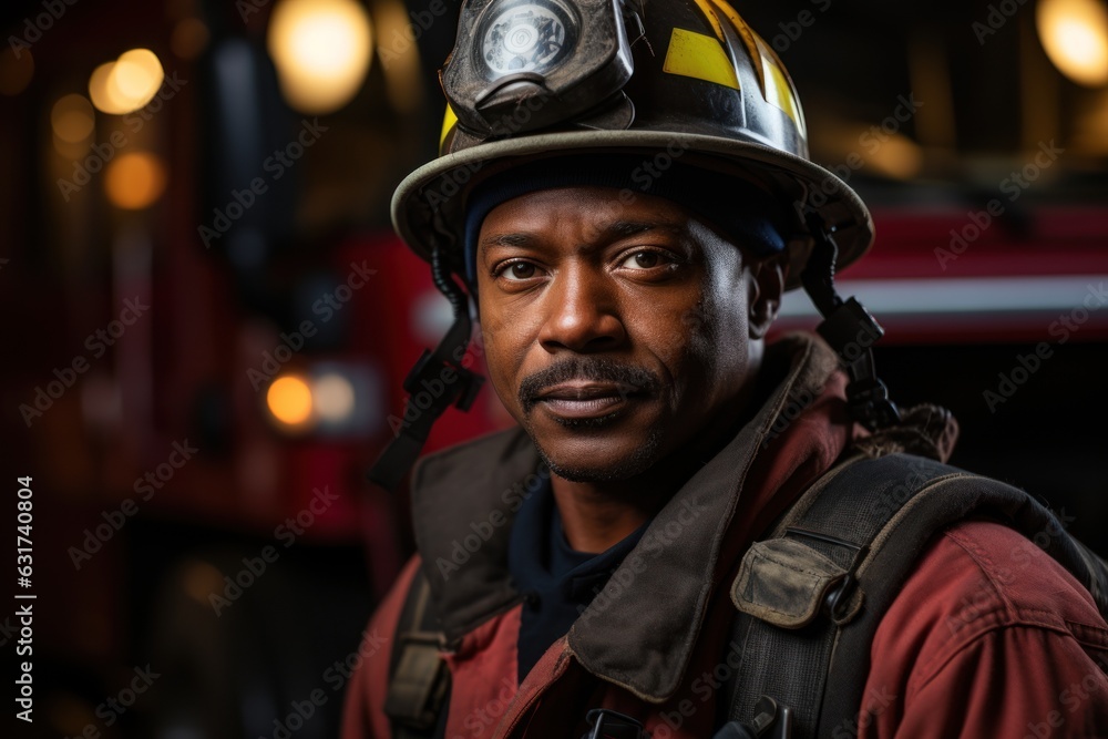 Portrait of african american brave fireman standing near fire truck Portrait of african american brave fireman standing near fire truck