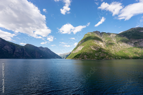 Natural landscape at geirangerfjord seen from the boat. Norway