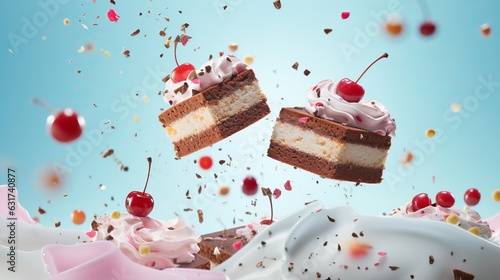 a clean detailed studio photo of layered cake slices with whipped cream and cherry flying in the air on pastel  gradient background. Food ingredient levitation. photo