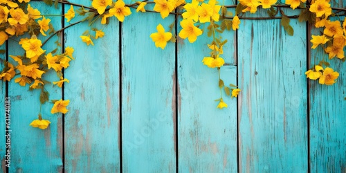 Romantic beautiful yellow flowers on old vintage blue wooden board background. Flower decorations. Vibrant blooms backdrop