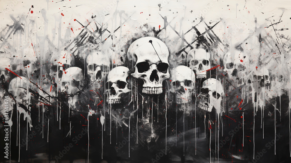 Black and white painting showing skulls and crossbones against on white wall background, in the style of spray paint, grunge skull paint, skull graffiti, generative ai