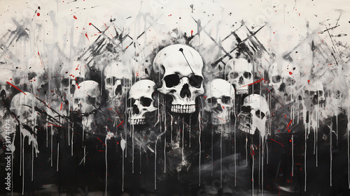 Obraz na płótnie Black and white painting showing skulls and crossbones against on white wall background, in the style of spray paint, grunge skull paint, skull graffiti, generative ai w salonie