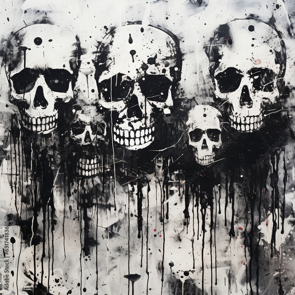 Black and white painting showing skulls and crossbones against on white wall background, in the style of spray paint, grunge skull paint, skull graffiti, generative ai