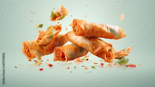 Advertisement studio banner with depp fried summer or spring rolls flying in the air on pastel gradient background. photo