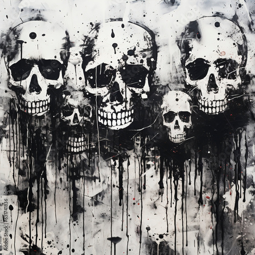 Obraz na płótnie Black and white painting showing skulls and crossbones against on white wall background, in the style of spray paint, grunge skull paint, skull graffiti, generative ai w salonie