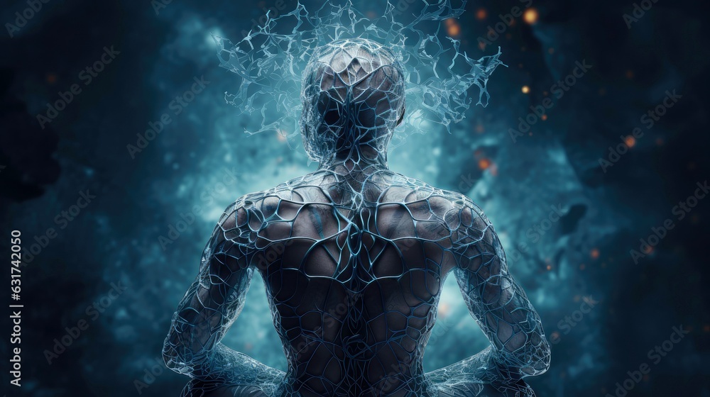 Fototapeta premium Illustration of thought energy . Head of person and neural network of brain with a problematic areas, Psychic waves concept, Generative AI illustration