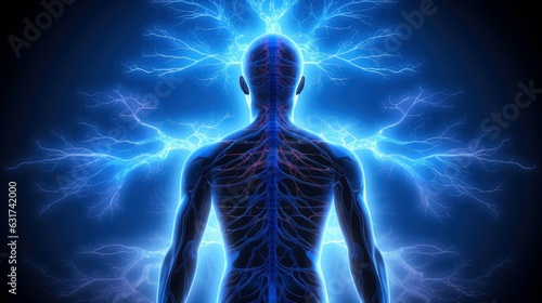 Obraz na płótnie Illustration of thought energy . Head of person and neural network of brain with a problematic areas, Psychic waves concept, Generative AI illustration w salonie
