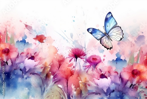 Beatiful Butterfly with flowers watercolor drawing. generative ai