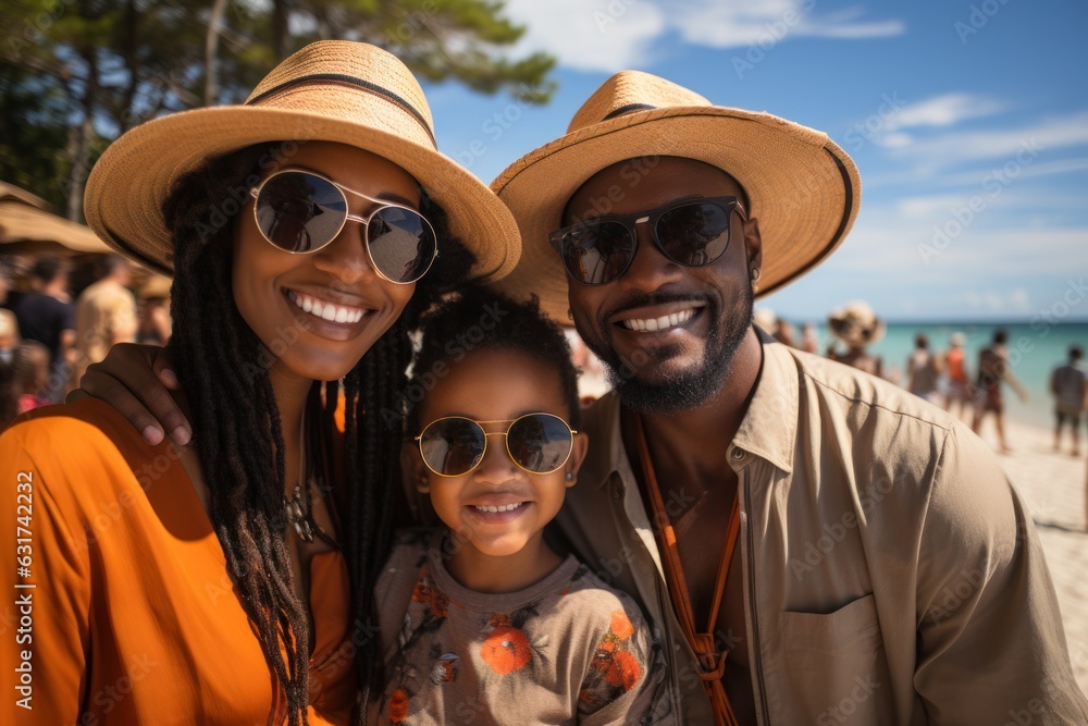 Happy African family having fun on the beach during summer vacation, parents, love, and unity.