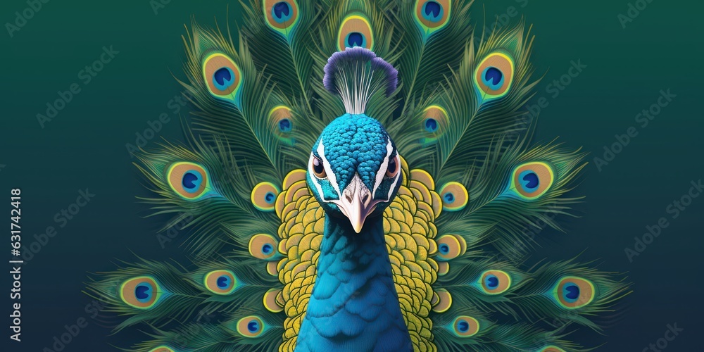 Illustrate a vector image of a regal peacock with a warm green and blue ...